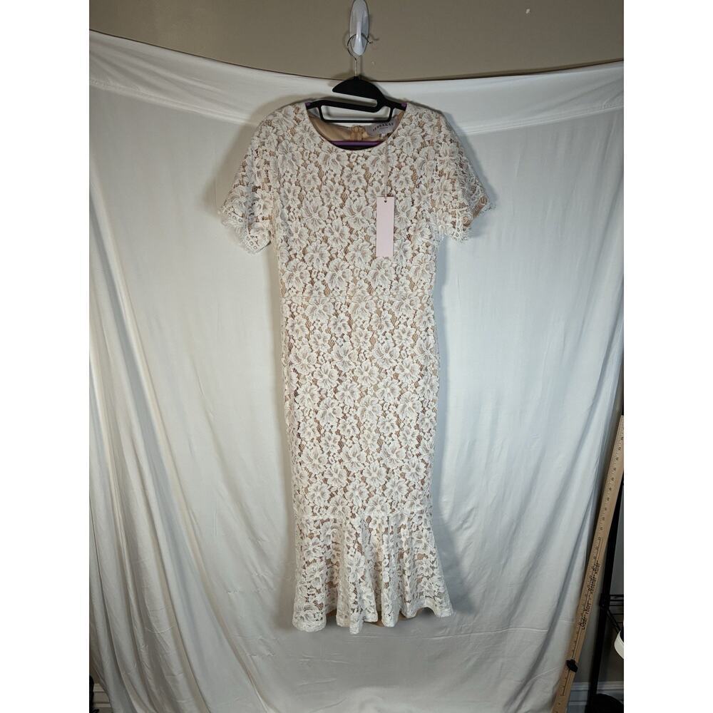 NWT JessaKae White Ivory Lace Midi Dress Womens Large Short Sleeve Nude Lining